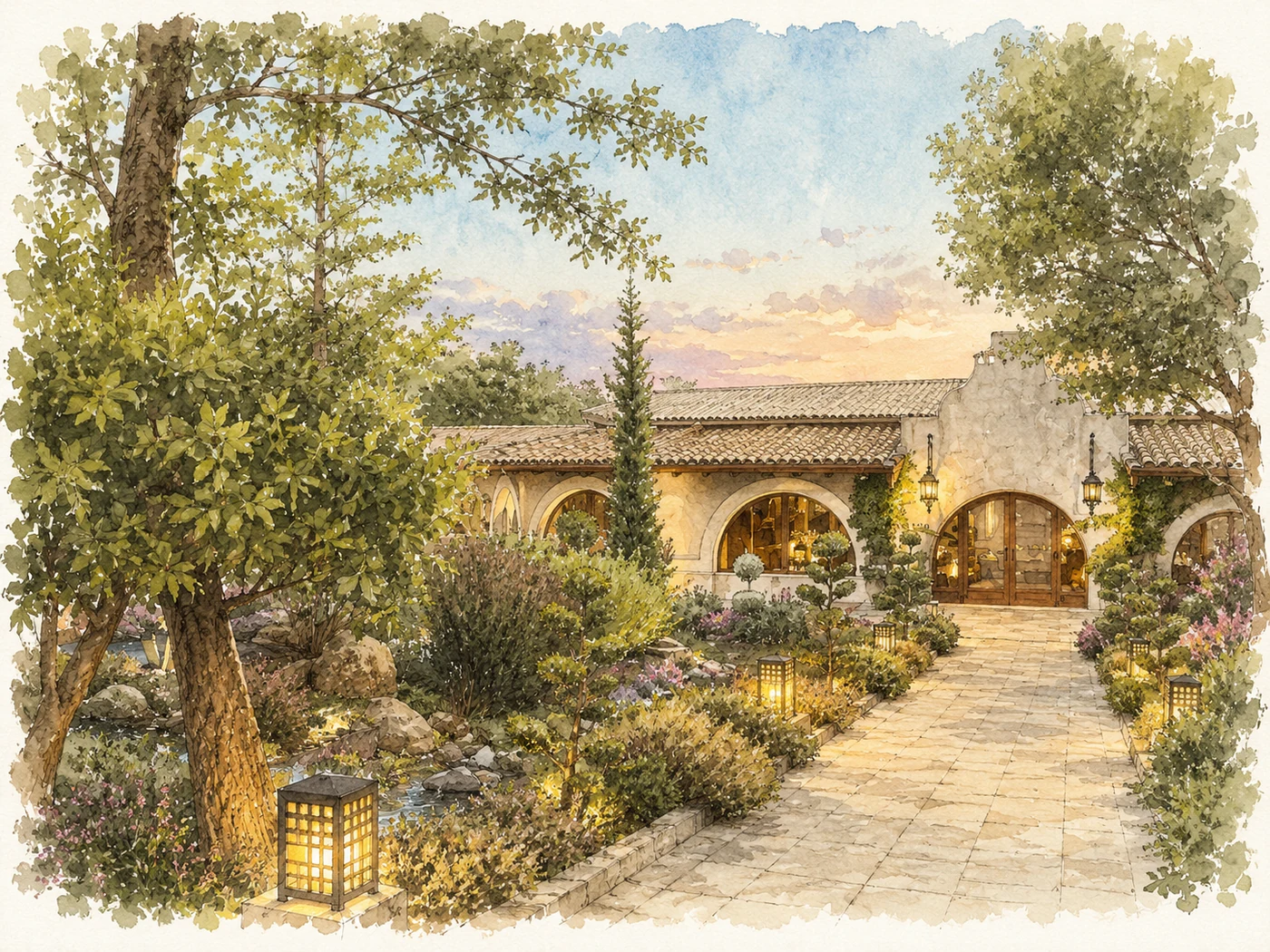 Ilustración en acuarela de Hacienda Jacaranda